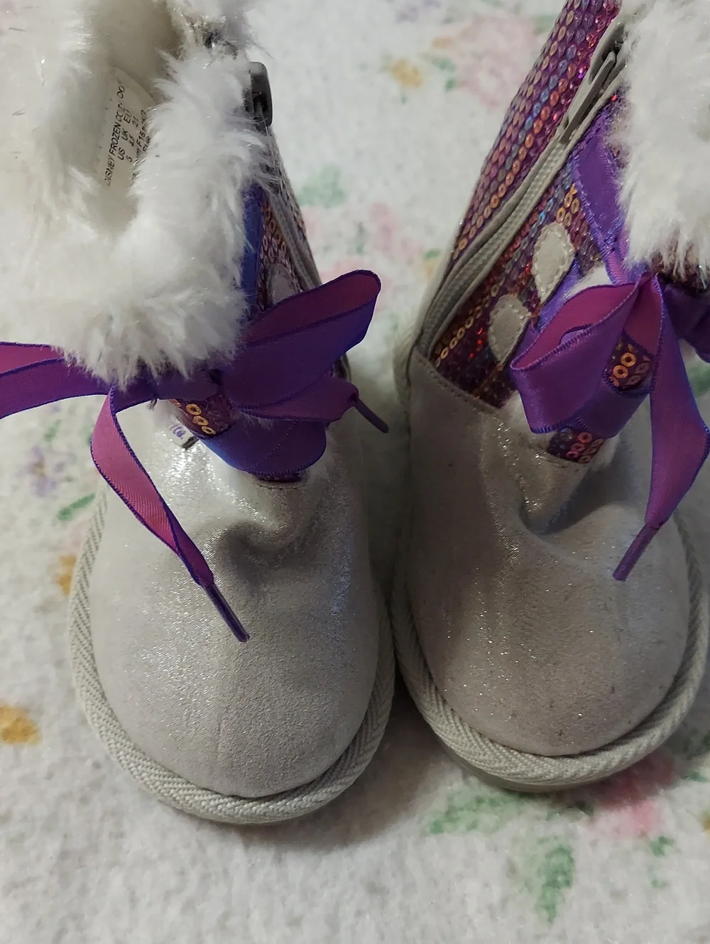 Stride Rite Girls White and Purple Sparkle Fur-Trim Boots